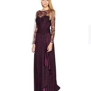 Tadashi Shoji Maxi Gown Lace Yoke Pleat Tiered Purple Barberry 6 Pre-Owned